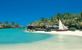 Paradise Cove Mauritius beach front palm forest thatched pavilions boat on sand