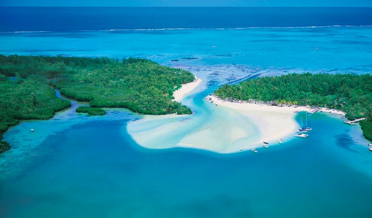 Shangri La Le Touessrok Mauritius aerial view of islands beach and ocean