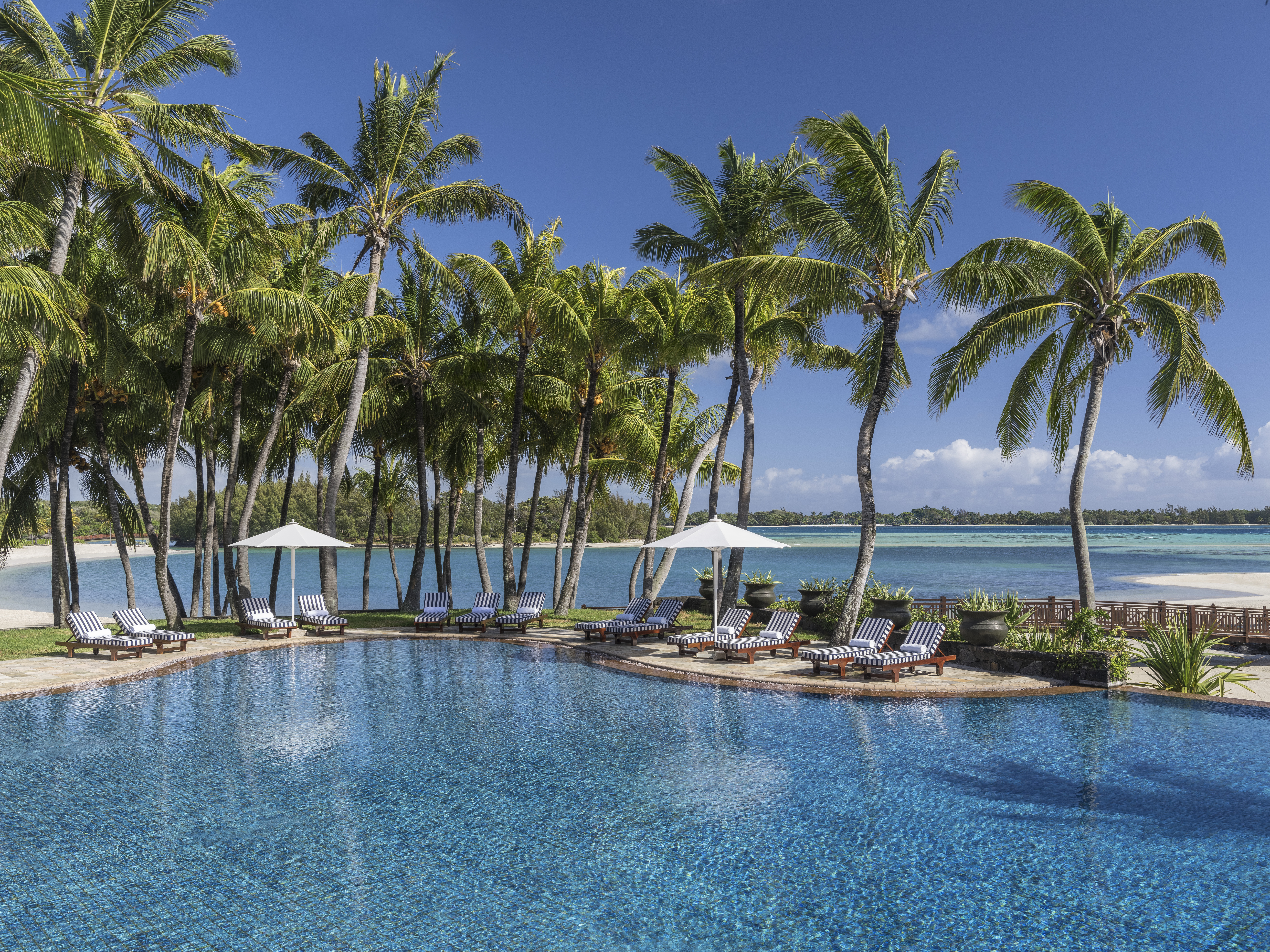 Main pool with sun loungers, umbrellas and palm trees around the exterior 