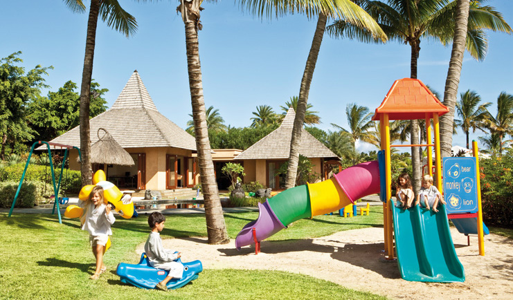 Shanti Maurice Mauritius childrens play area slide swing set bungalows coconut trees