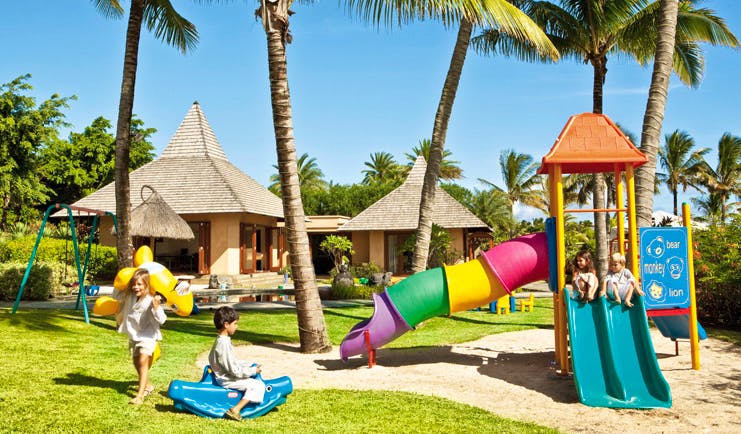 Shanti Maurice Mauritius childrens play area slide swing set bungalows coconut trees