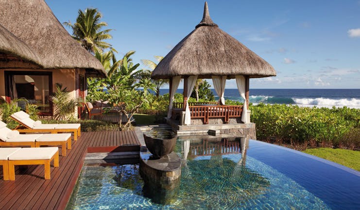 Shanti Maurice Mauritius private pool decking area loungers covered pagoda ocean view