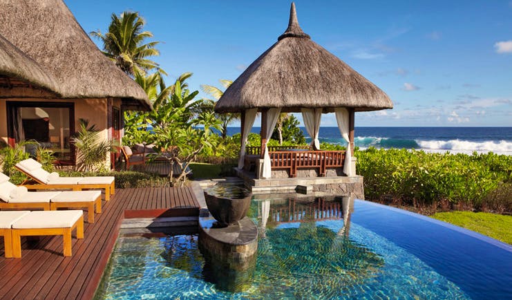 Shanti Maurice Mauritius private pool decking area loungers covered pagoda ocean view