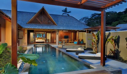 Constance Ephelia Resort Seychelles spa villa exterior pool loungers view of villa and bedroom