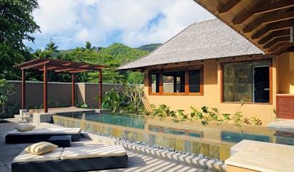 Constance Ephelia Resort Seychelles spa villa outdoor infinity pool loungers pergola