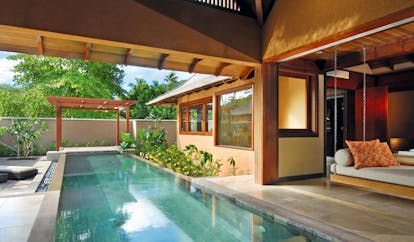 Constance Ephelia Resort Seychelles spa villa pool hanging sofa pergola loungers