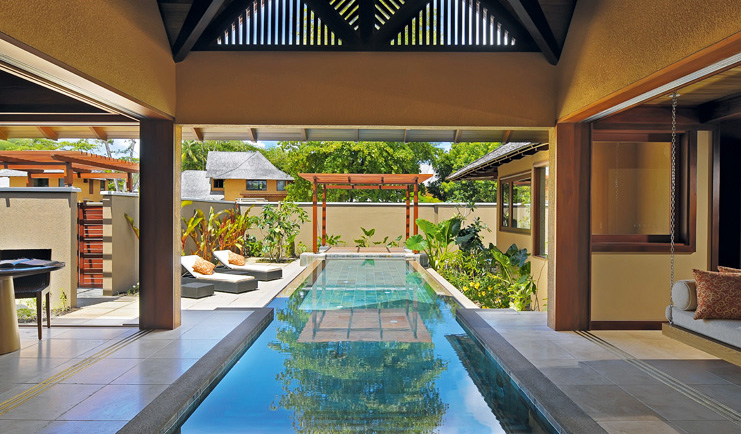 Constance Ephelia Resort Seychelles spa villa two patio areas hanging sofa infinity pool loungers