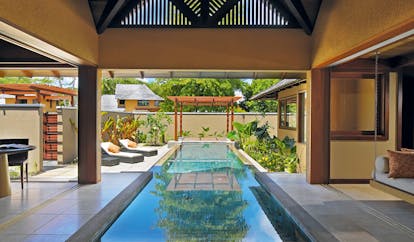 Constance Ephelia Resort Seychelles spa villa two patio areas hanging sofa infinity pool loungers