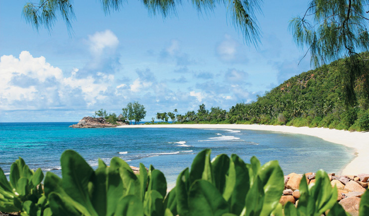Constance Lemuria Seychelles beach view white sands greenery