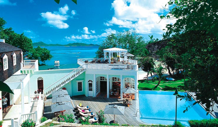 Hotel L'Archipel Seychelles aerial view of hotel outdoor pool and ocean