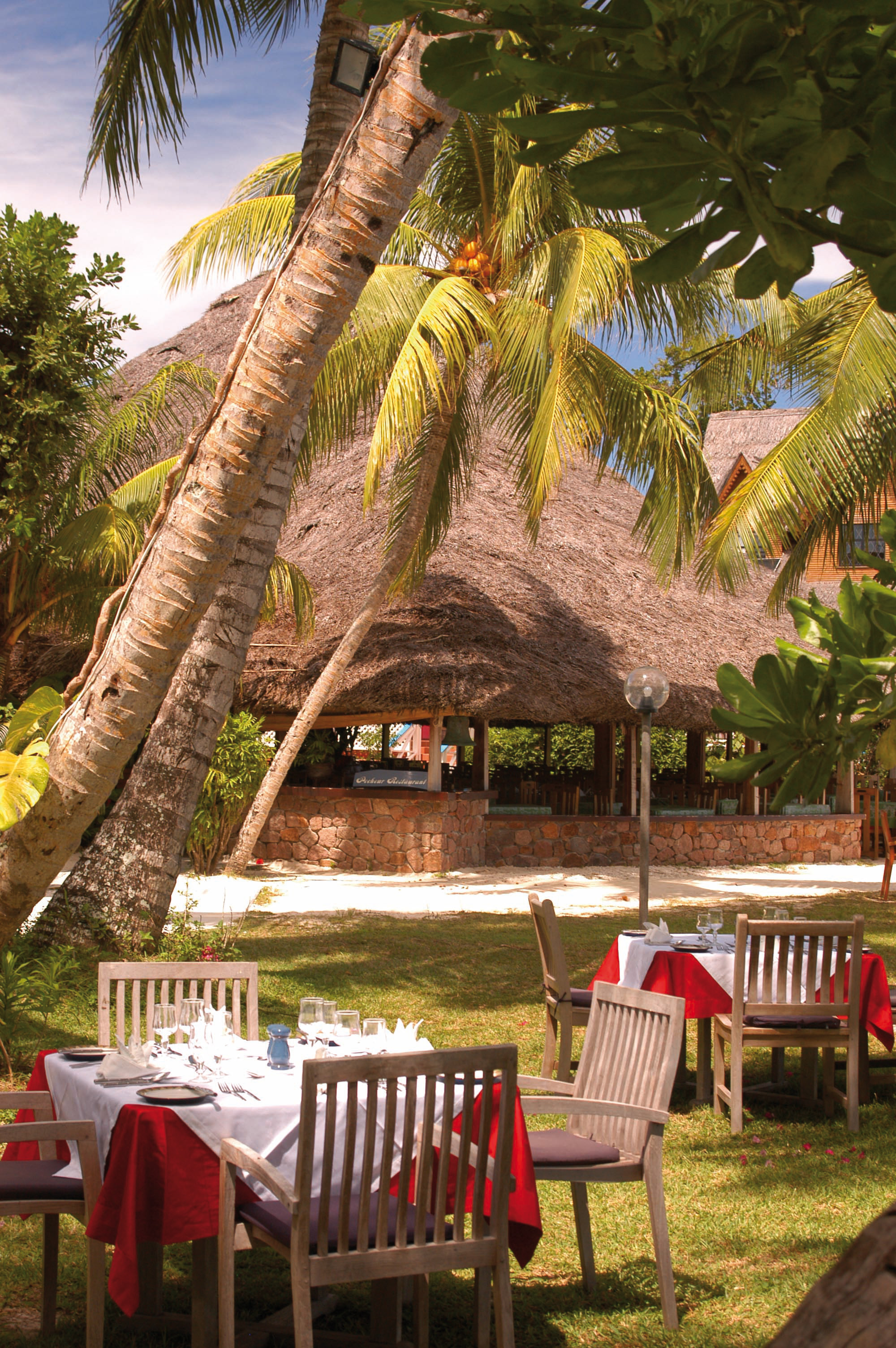 Dining terrace with wooden tables and chairs set out on grass with palm trees shading them