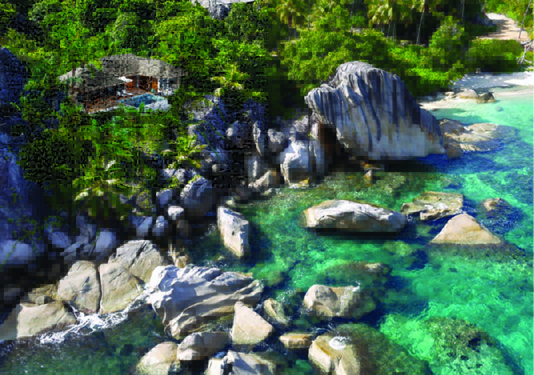 Six Senses Zil Pasyon villa exterior, priavte pool, private terrace, villa nestled on cliffside