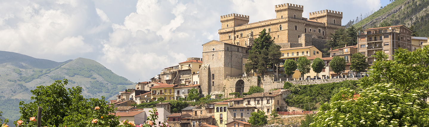 Castle with round towers on hill in village with mountains in the distance
