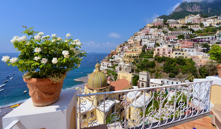 White flowers in terracotta pot on balcony overlooking houses below in Positano