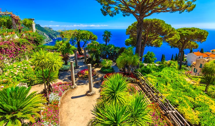Palms and umbrella pine trees in ornamental garden at Villa Rufolo overlooking deep blue sea