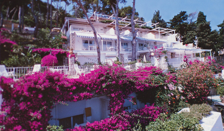 Casa Morgano Amalfi Coast exterior hotel building pink flowers trees terrace