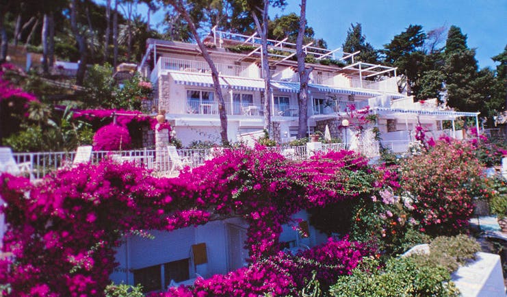 Casa Morgano Amalfi Coast exterior hotel building pink flowers trees terrace