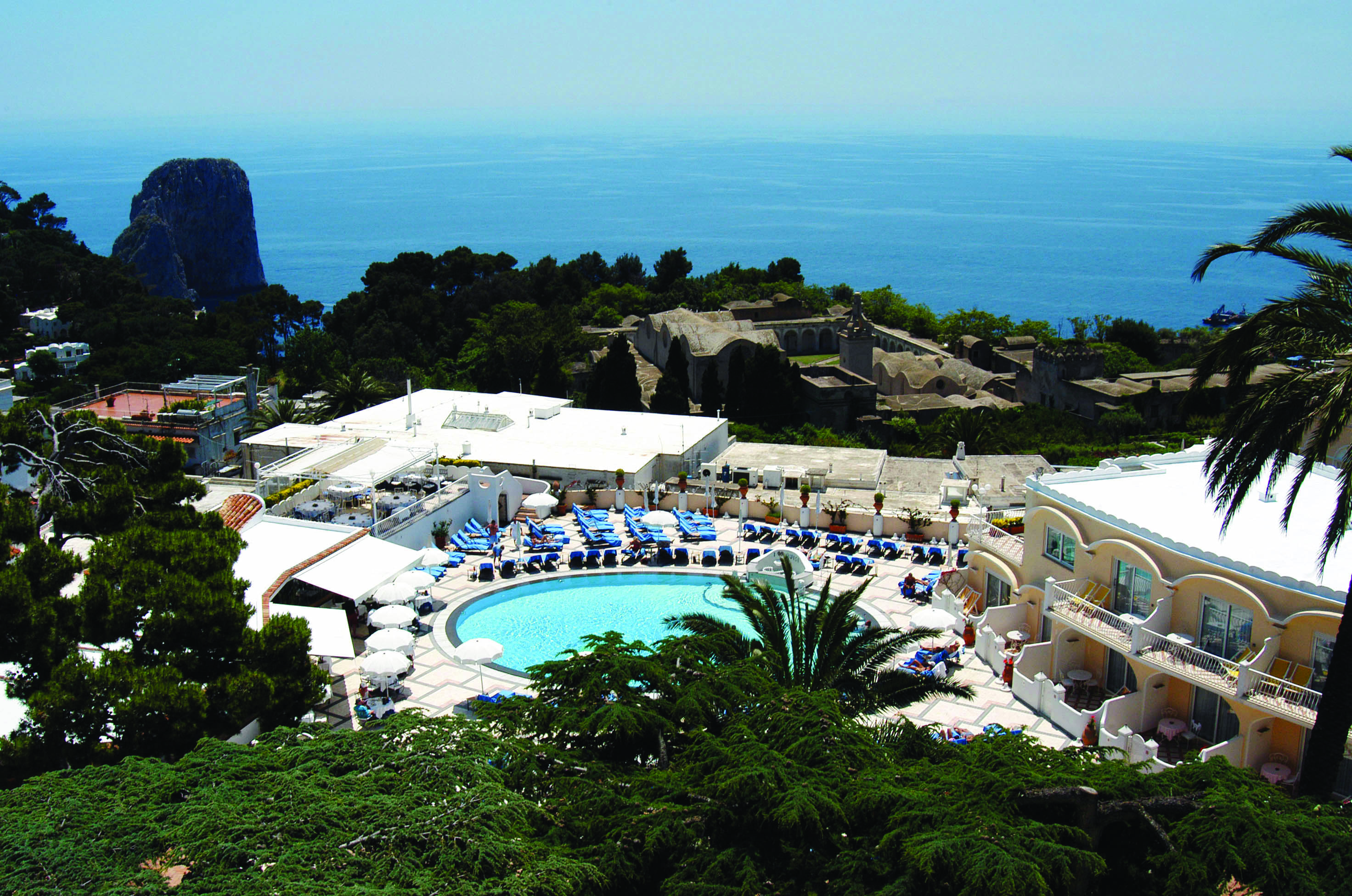 Hotel Quisisana Capri aerial shot of pool and poolside sea in background