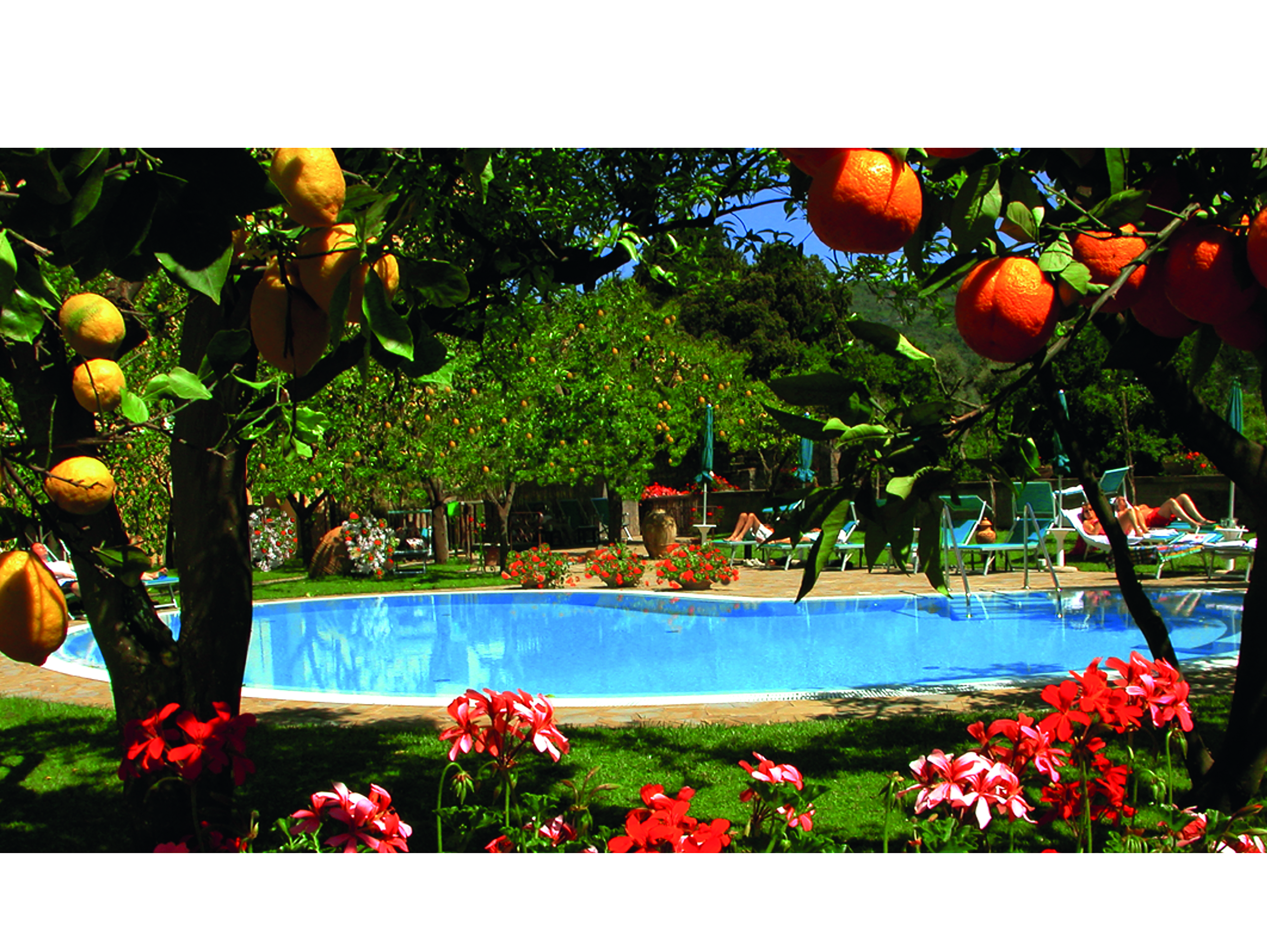 Hotel Antiche Mura Amalfi Coast pool sun loungers lemon trees orange trees