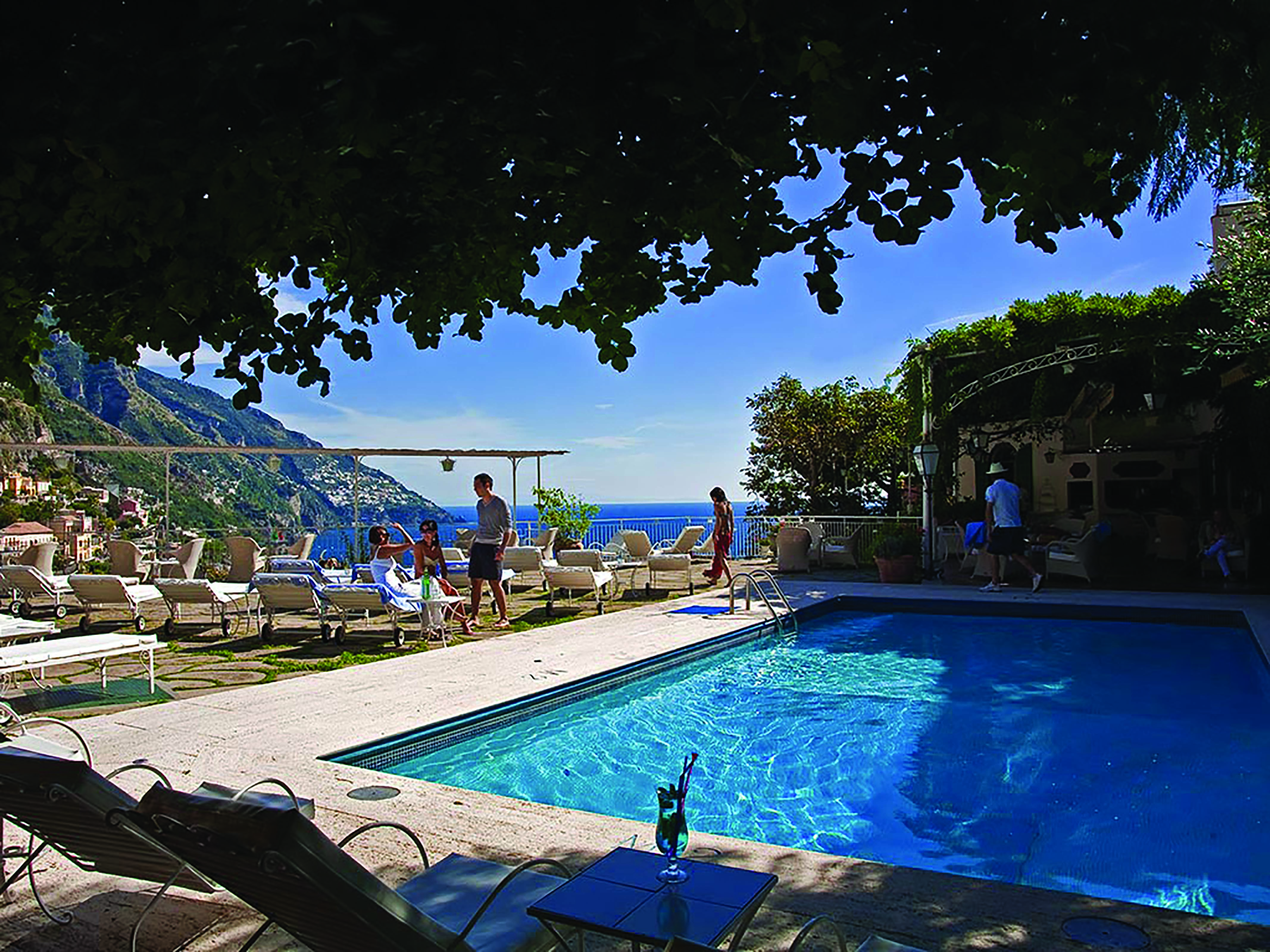 Hotel Poseidon Amalfi Coast pool terrace with sun loungers view of the sea