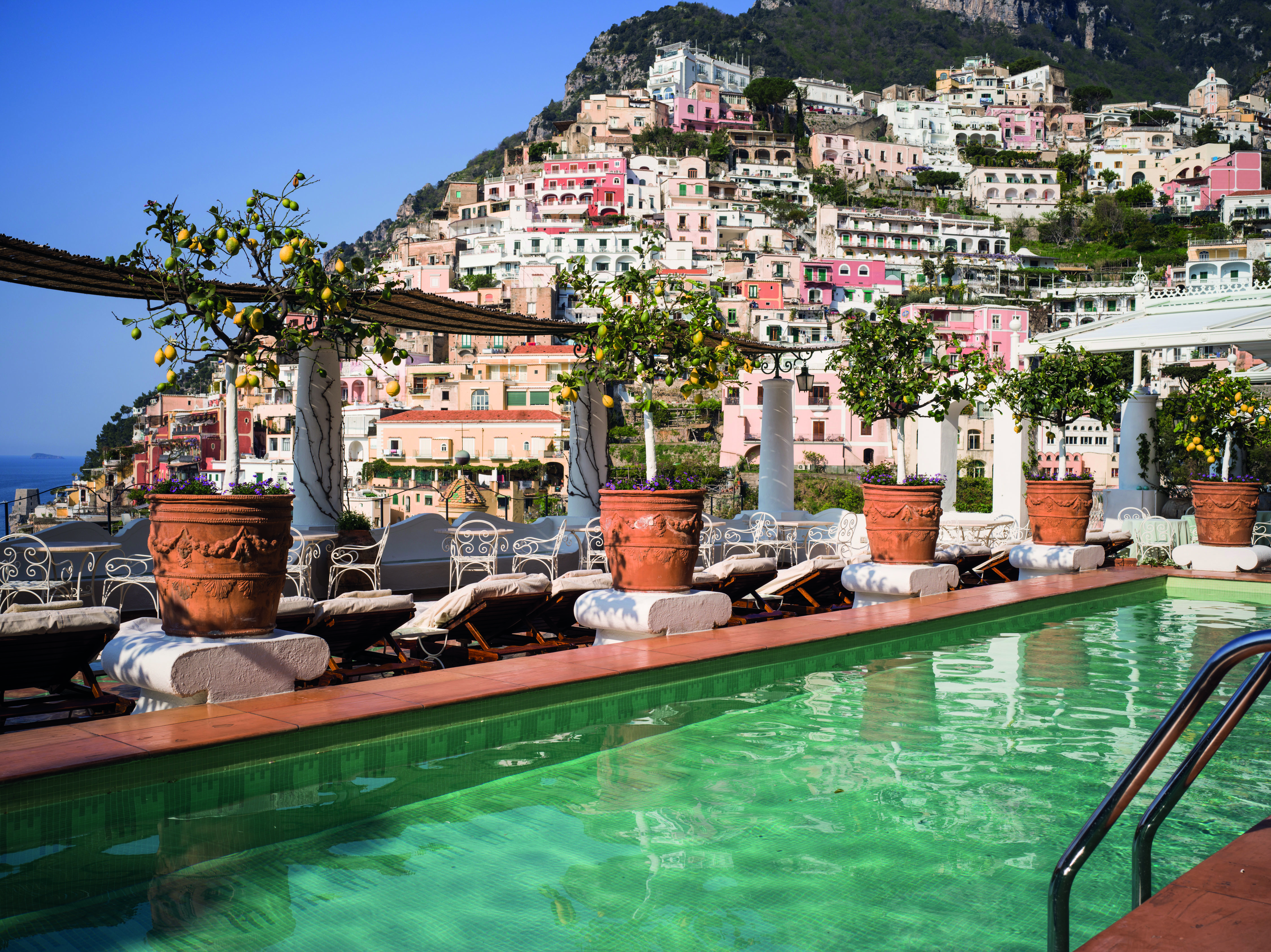 Le Sirenuse Amalfi Coast pool with cliffside Positano in the background