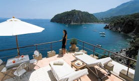 Mezzatorre Resort Amalfi Coast pool terrace sun loungers overlooking the sea
