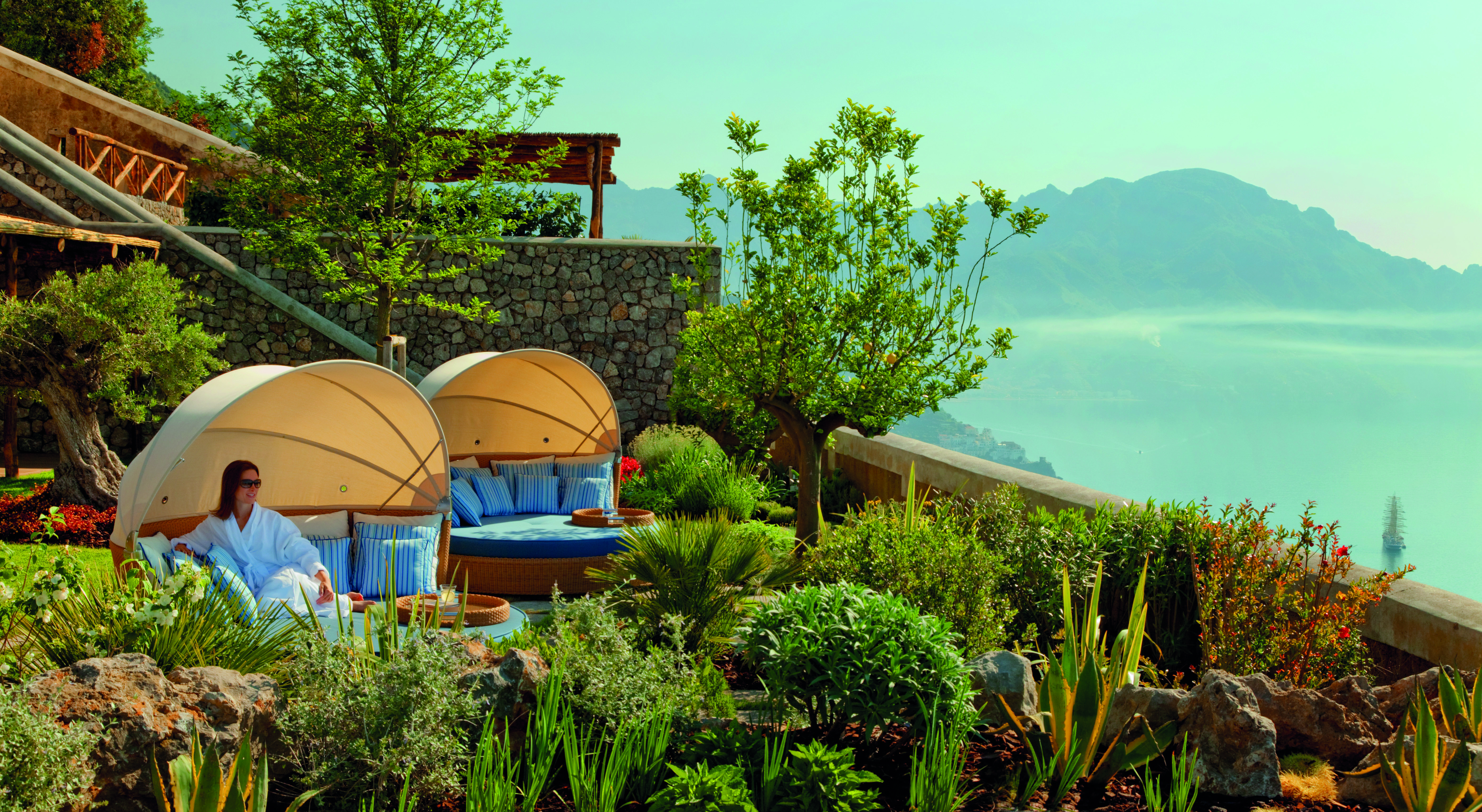Monastero Santa Rosa Amalfi Coast cabanas in gardens overlooking the ocean