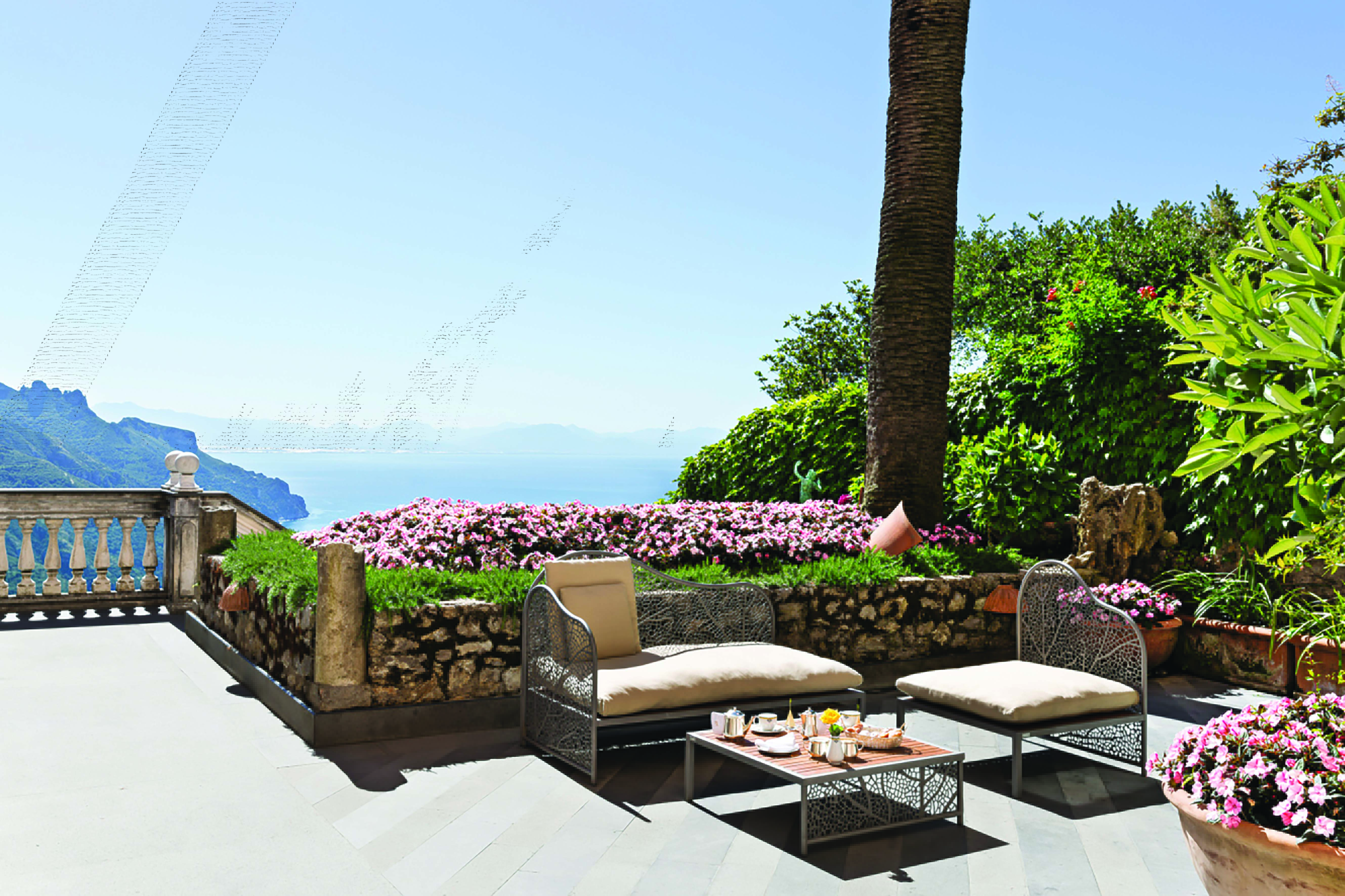 Palazzo Avino Amalfi Coast terrace outdoor seating and casual dining area views of the sea