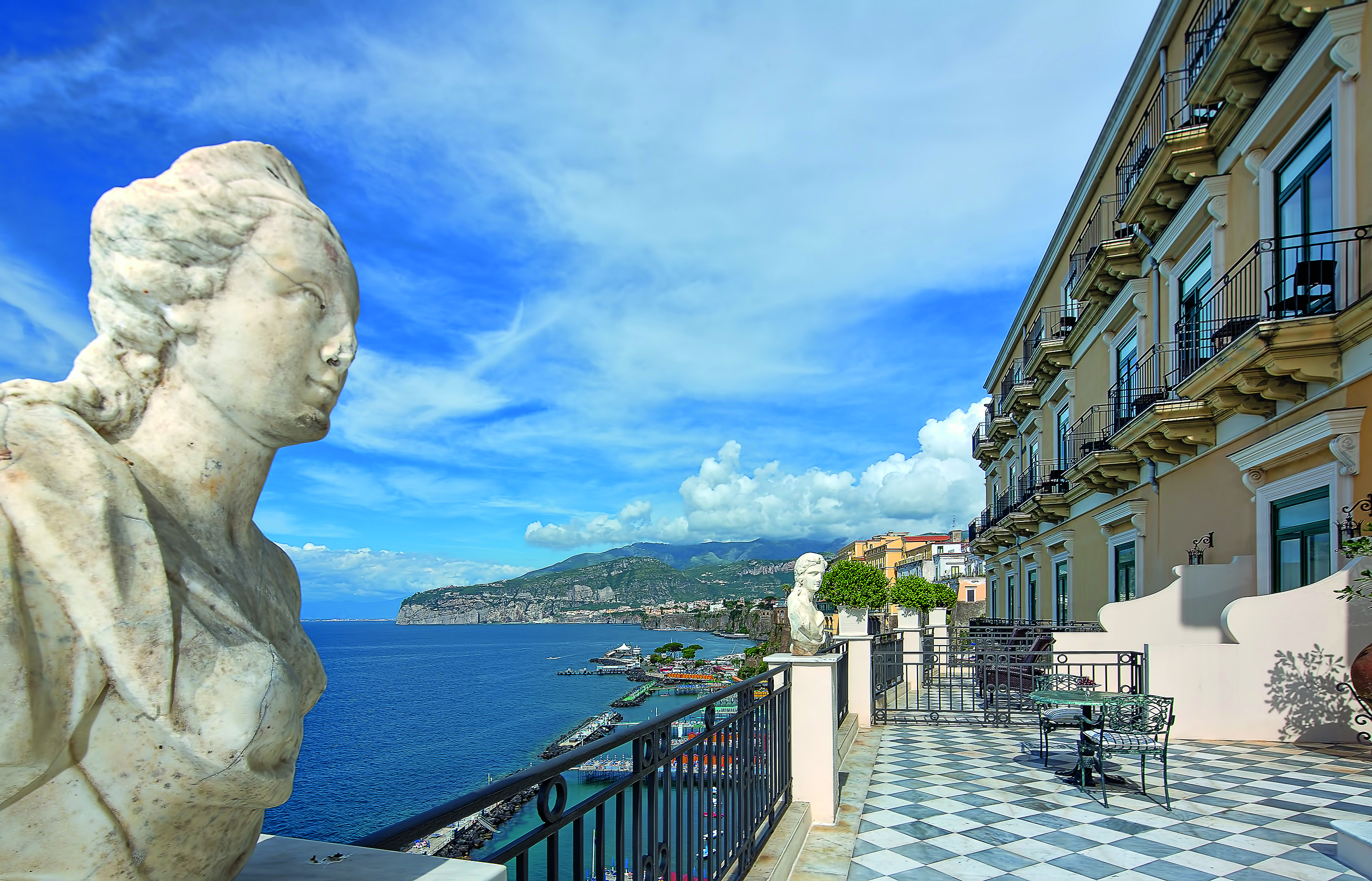 Bellevue Syrene Amalfi Coast lord astor terrace marble floor tiles outdoor seating roman style bust