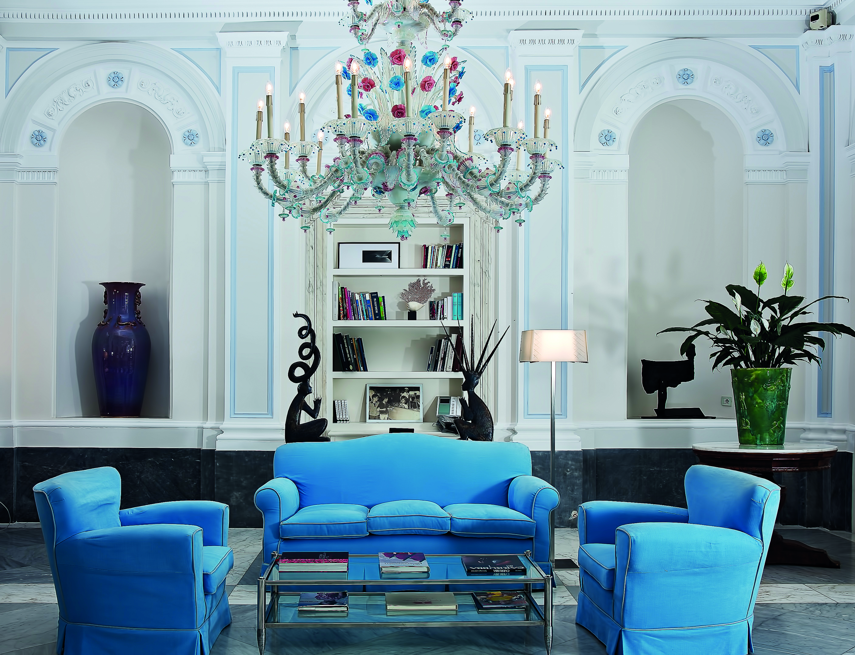 Bellevue Syrene Amalfi Coast reception interior colourful candelabra sofas and armchairs