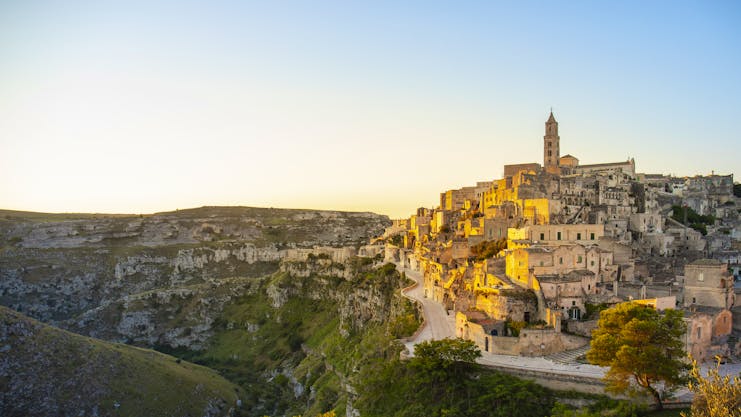 Sunlight on the hill village of Matera where houses are cave dwellings