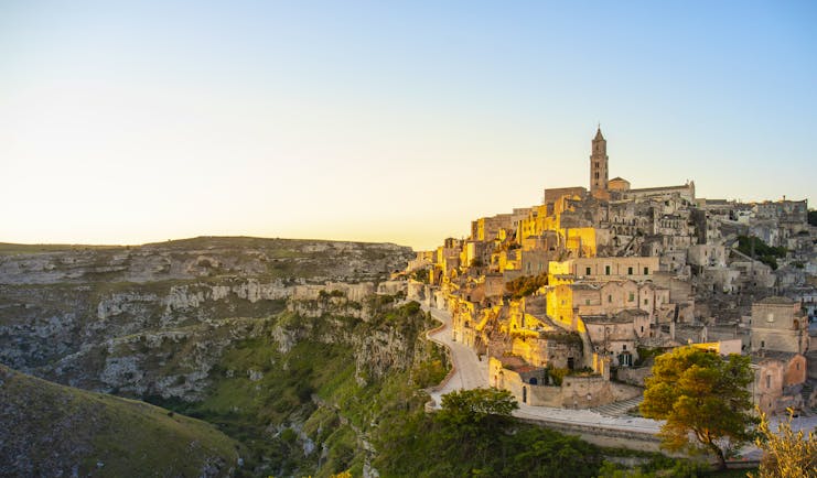 Sunlight on the hill village of Matera where houses are cave dwellings