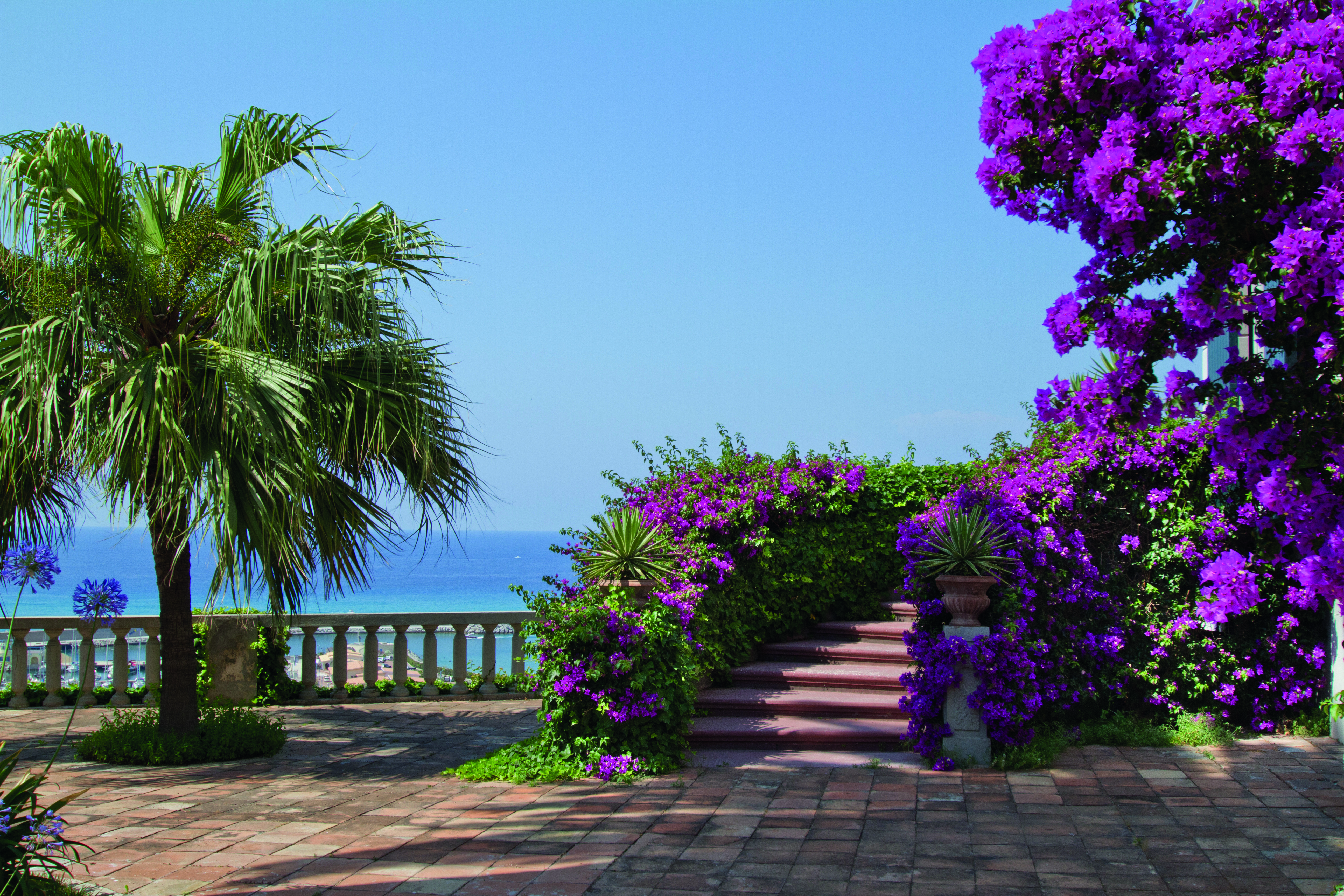 Villa Paola Calabria gardens trees pink flowers views of the sea