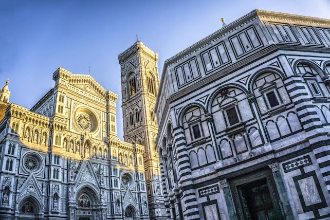 The contrasting stone of black and white of the exterior of Florence's cathedral and bapistry