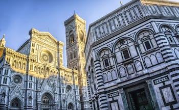 The contrasting stone of black and white of the exterior of Florence's cathedral and bapistry