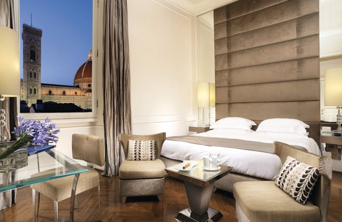 Hotel Brunelleschi Florence deluxe bedroom modern décor window with view of Duomo