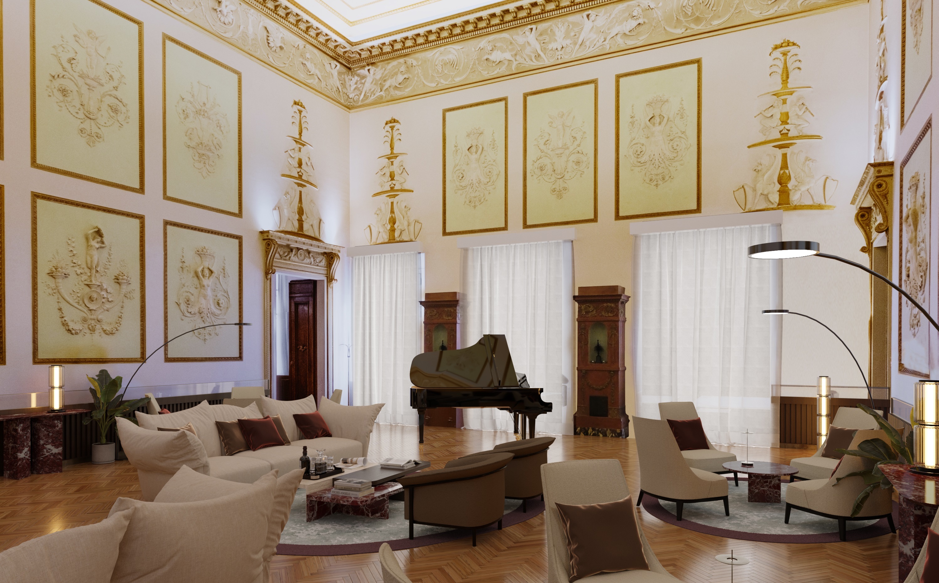 Palazzo Firenze music room, with grand piano, golden ornate walls and ceiling, grandfather clocks and plush cream sofas