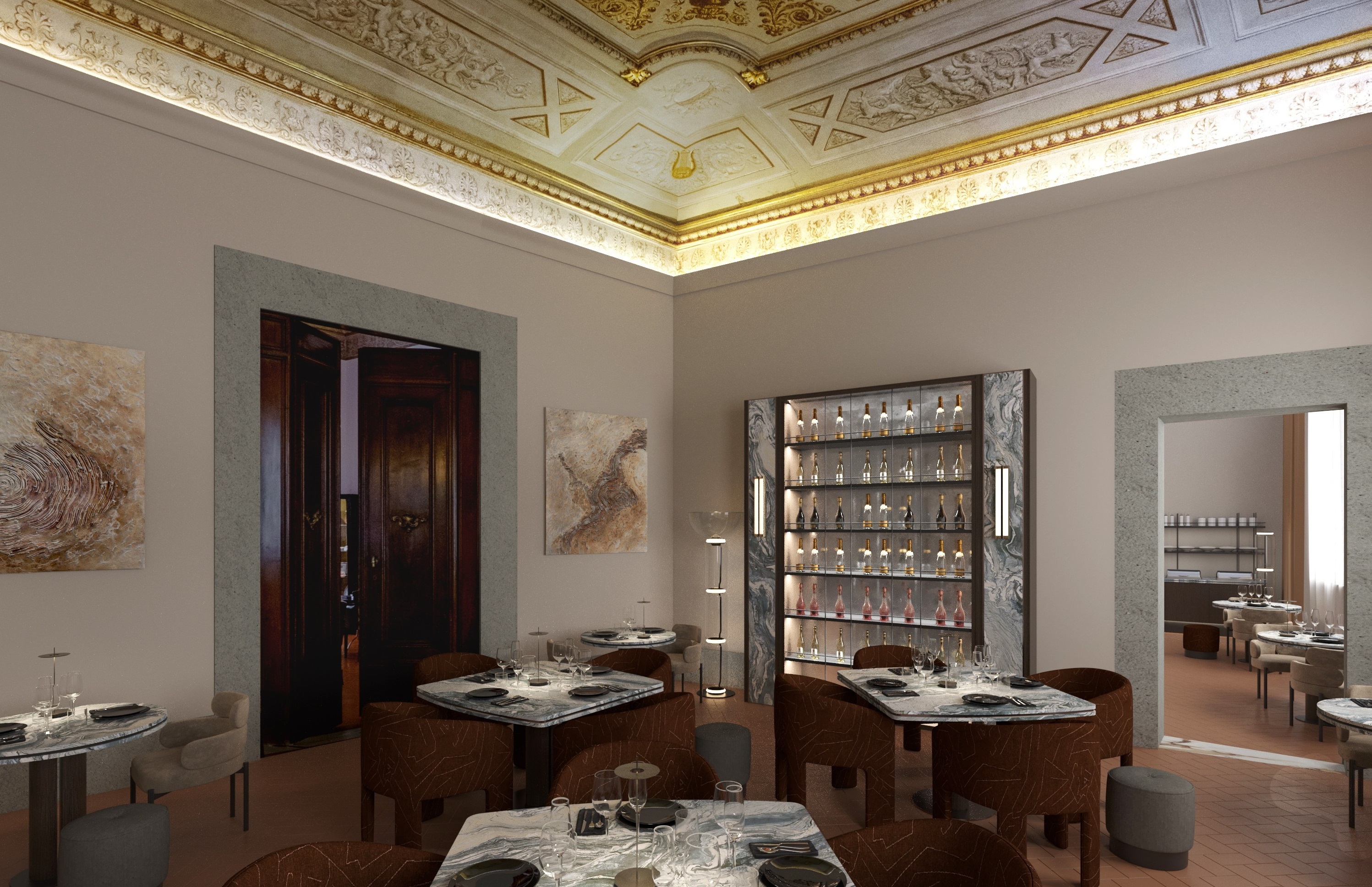 Palazzo Firenze restaurant, with ornate gold and white ceiling, drinks cabinet, and marble-topped table with soft brown chairs