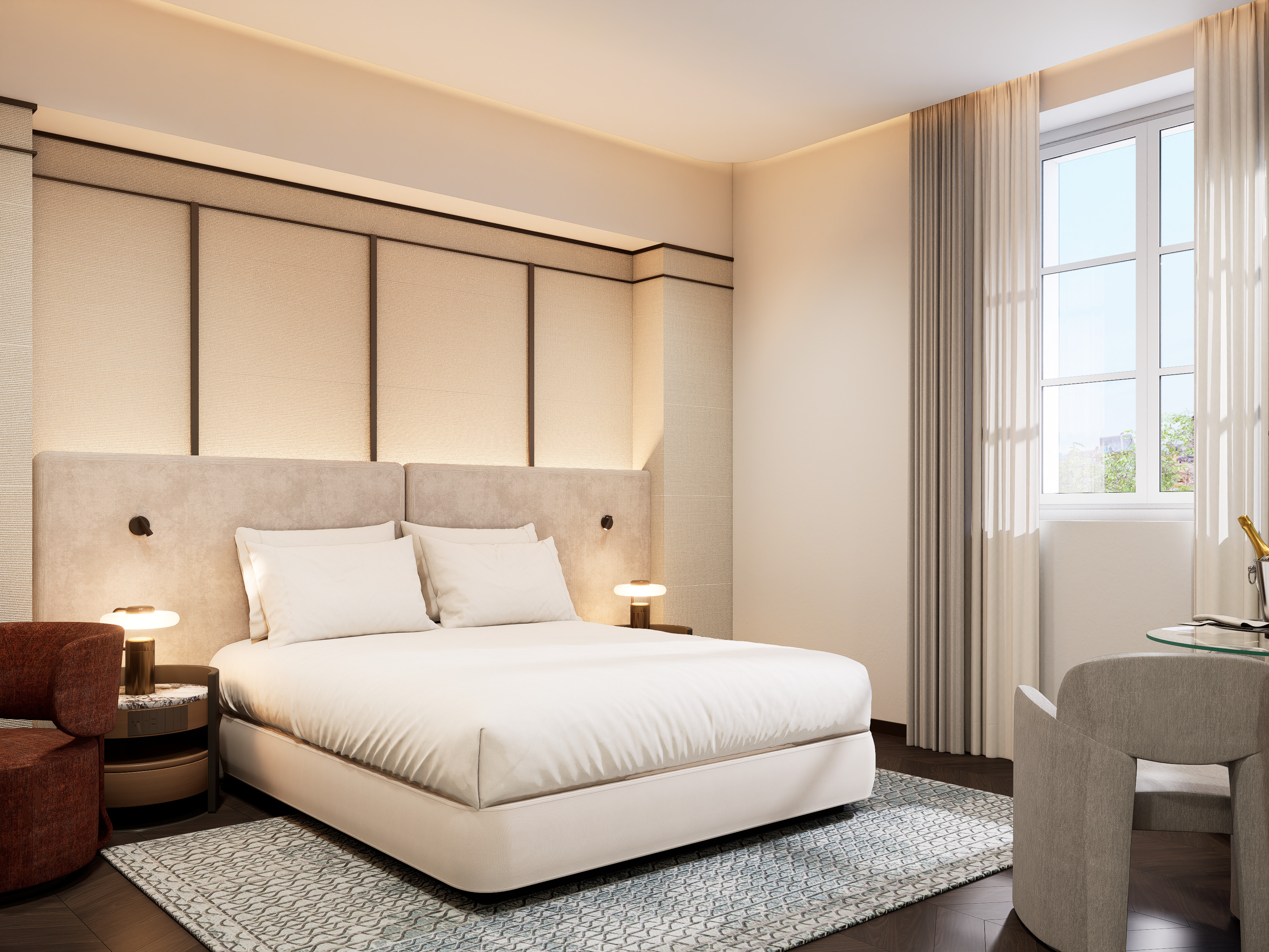 Palazzo Firenze double room with neutral colour palette, high tall windows, and sleek modern design