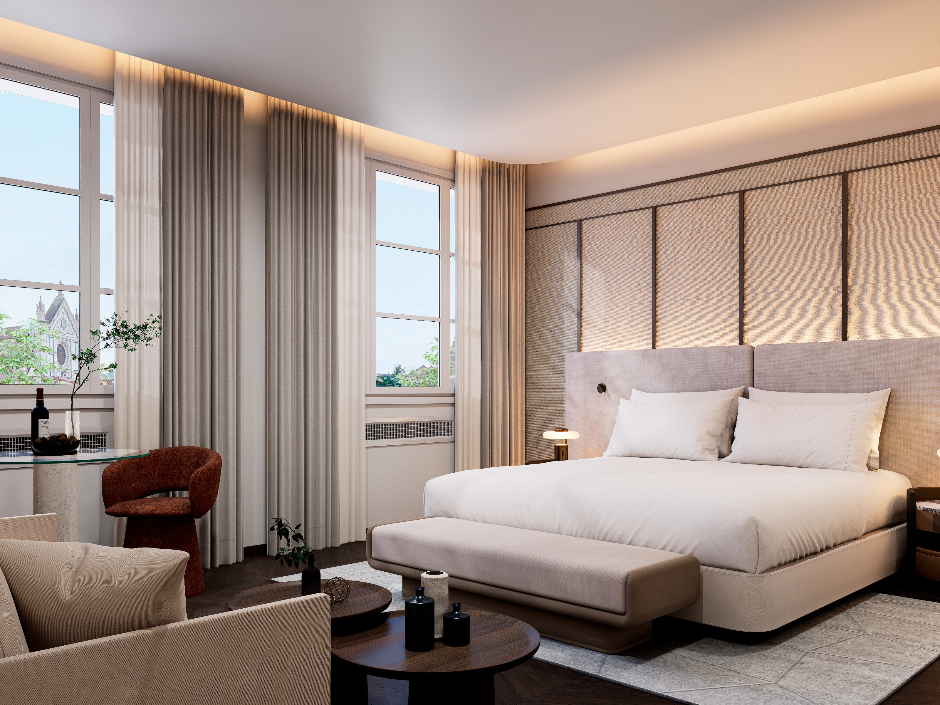 Palazzo Firenze double room with two high tall windows, neutral colour palette, and sofa