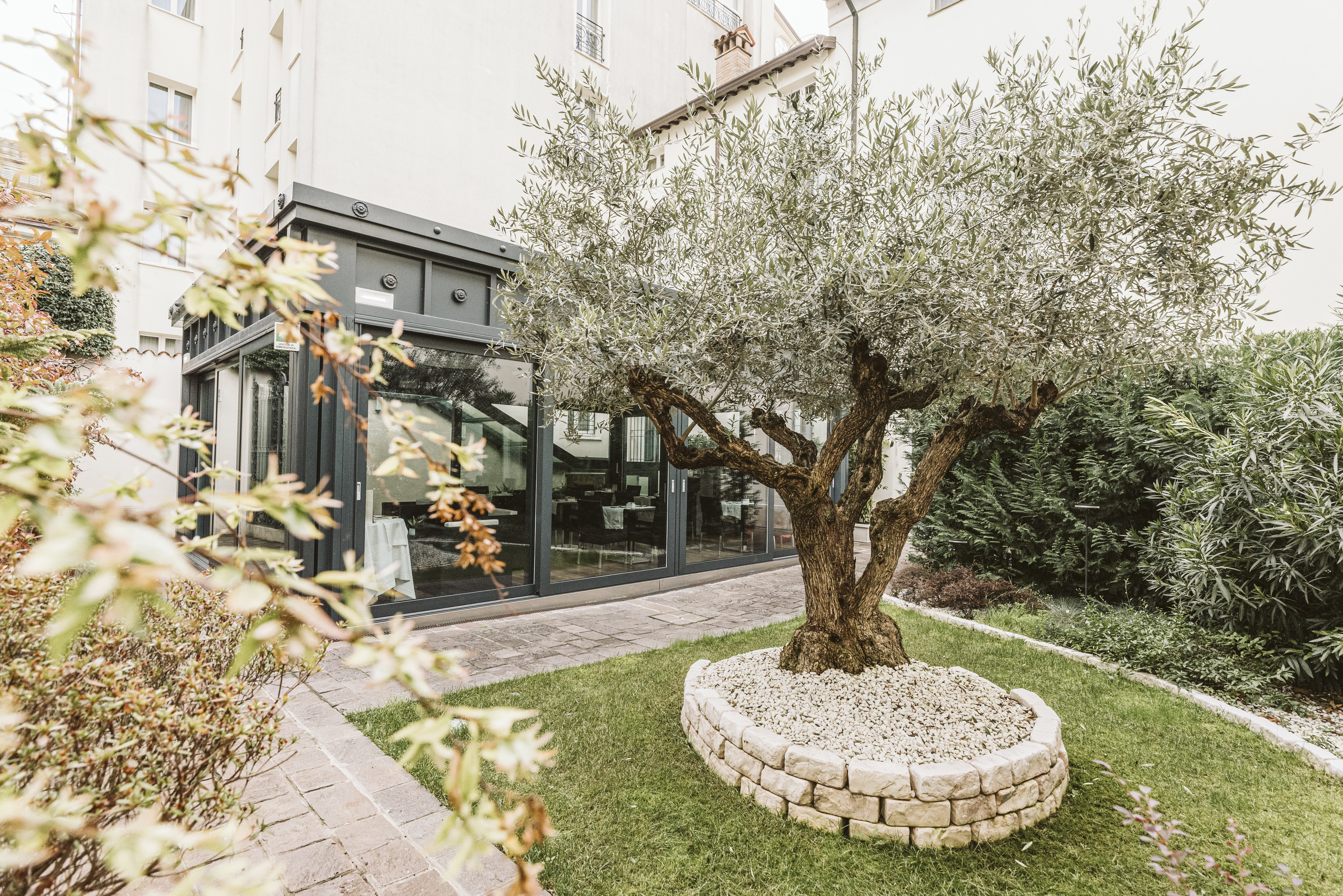 Hotel Palazzo Bezzi garden with central tree and glass-walled dining room