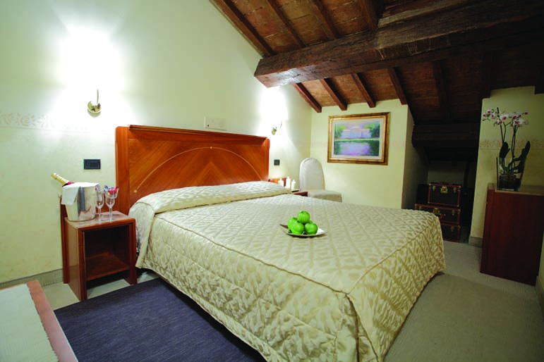 Rechigi Park Hotel attic room, double bed, wooden eaves, bright decor