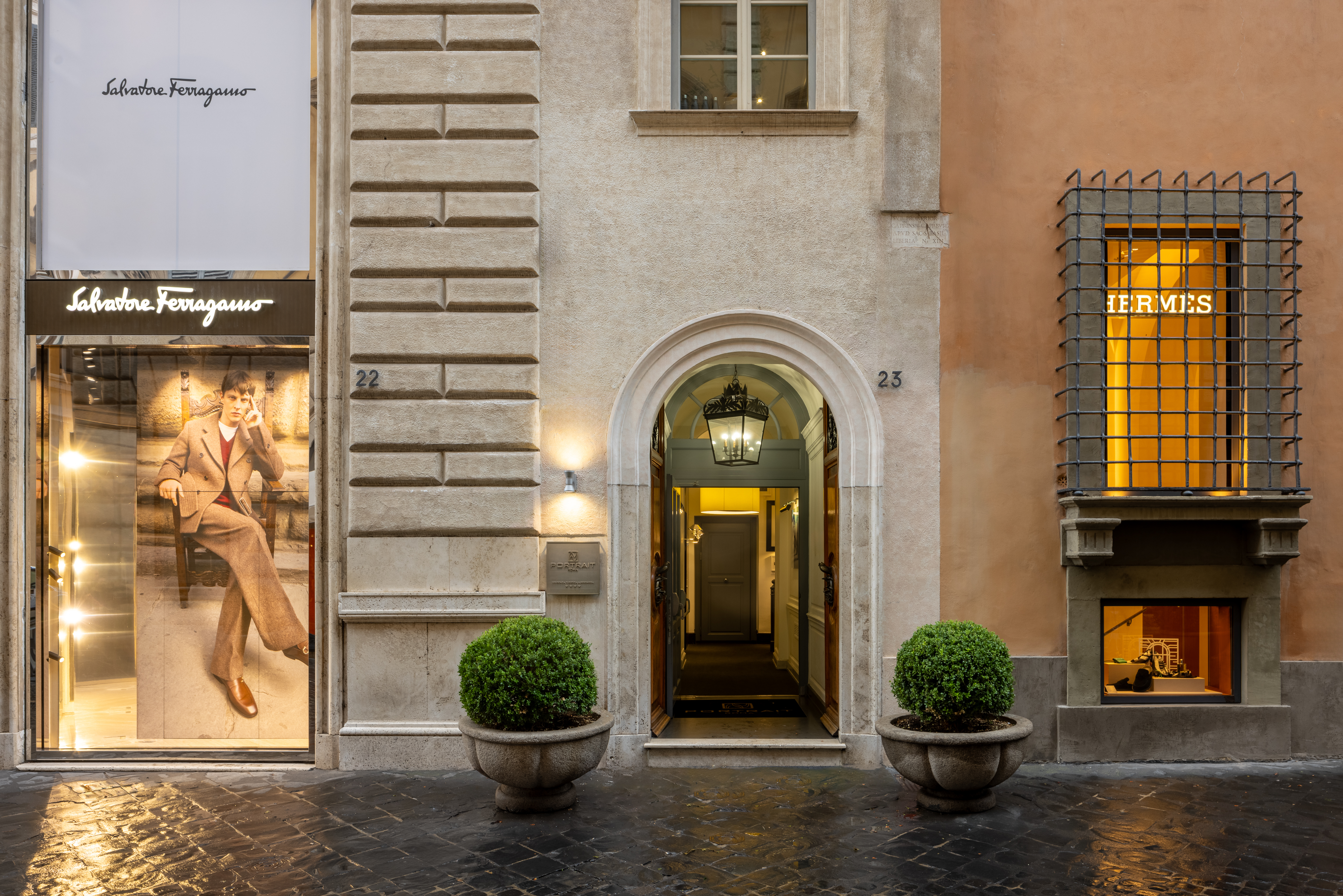 Hotel Portrait Roma front door, beside the Salvatore Ferragamo shopfront