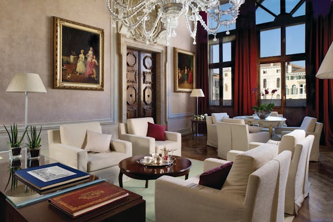 Palazzo Giovanelli Venice presidential Mozart suite lounge and dining area large windows 