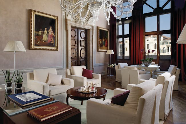 Palazzo Giovanelli Venice presidential Mozart suite lounge and dining area large windows 