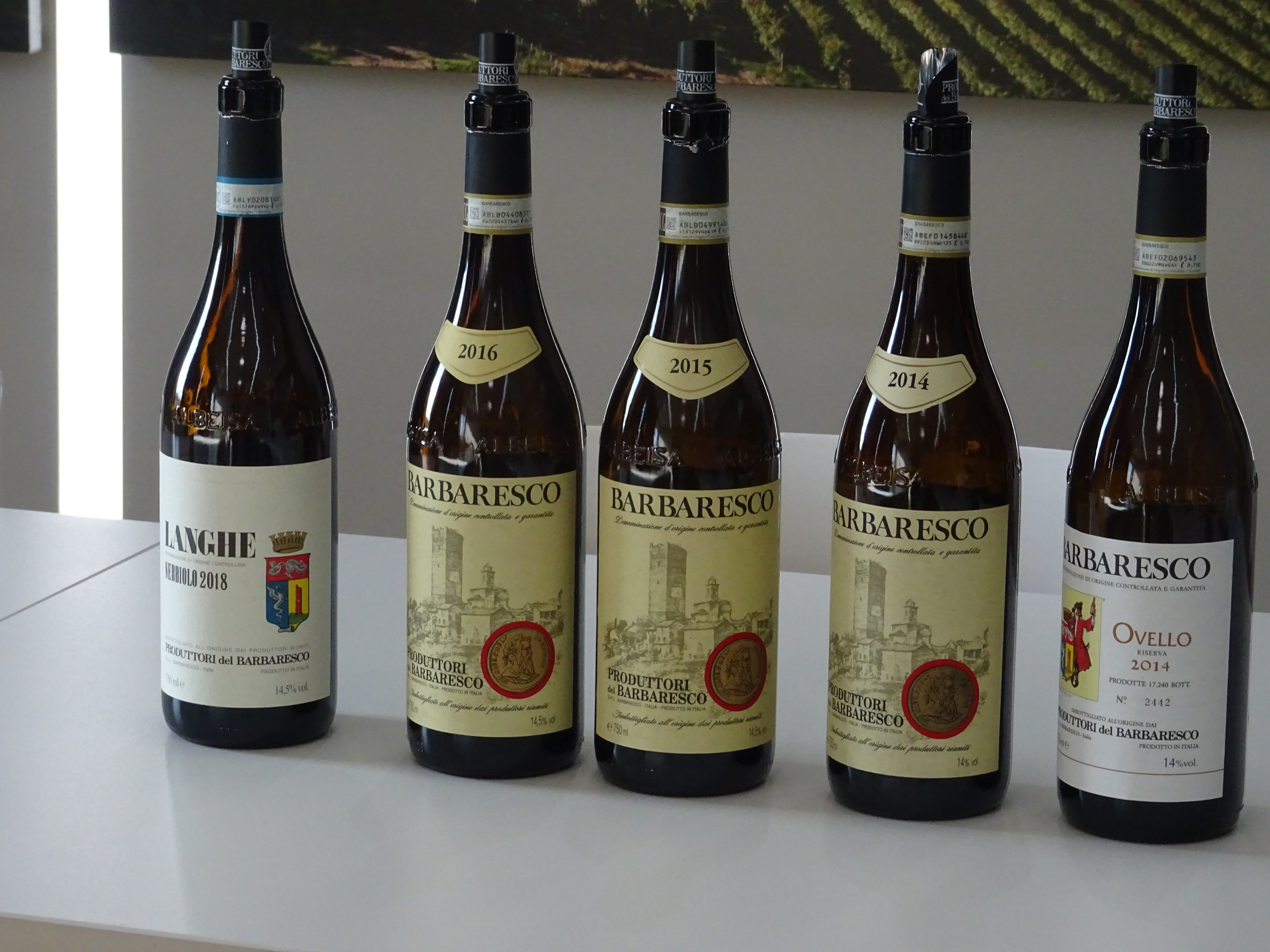 Row of red wine Barbaresco bottles