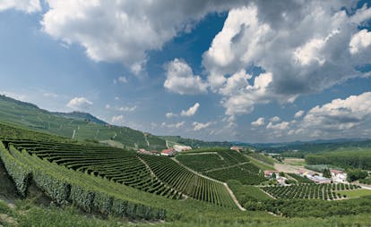 Rolling, hilly vineyards of Piemonte with clouds in blue sky