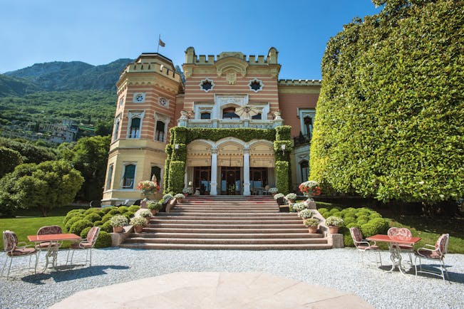 Villa Feltrinelli Lake Garda exterior hotel building steps leading to entrance outdoor seating