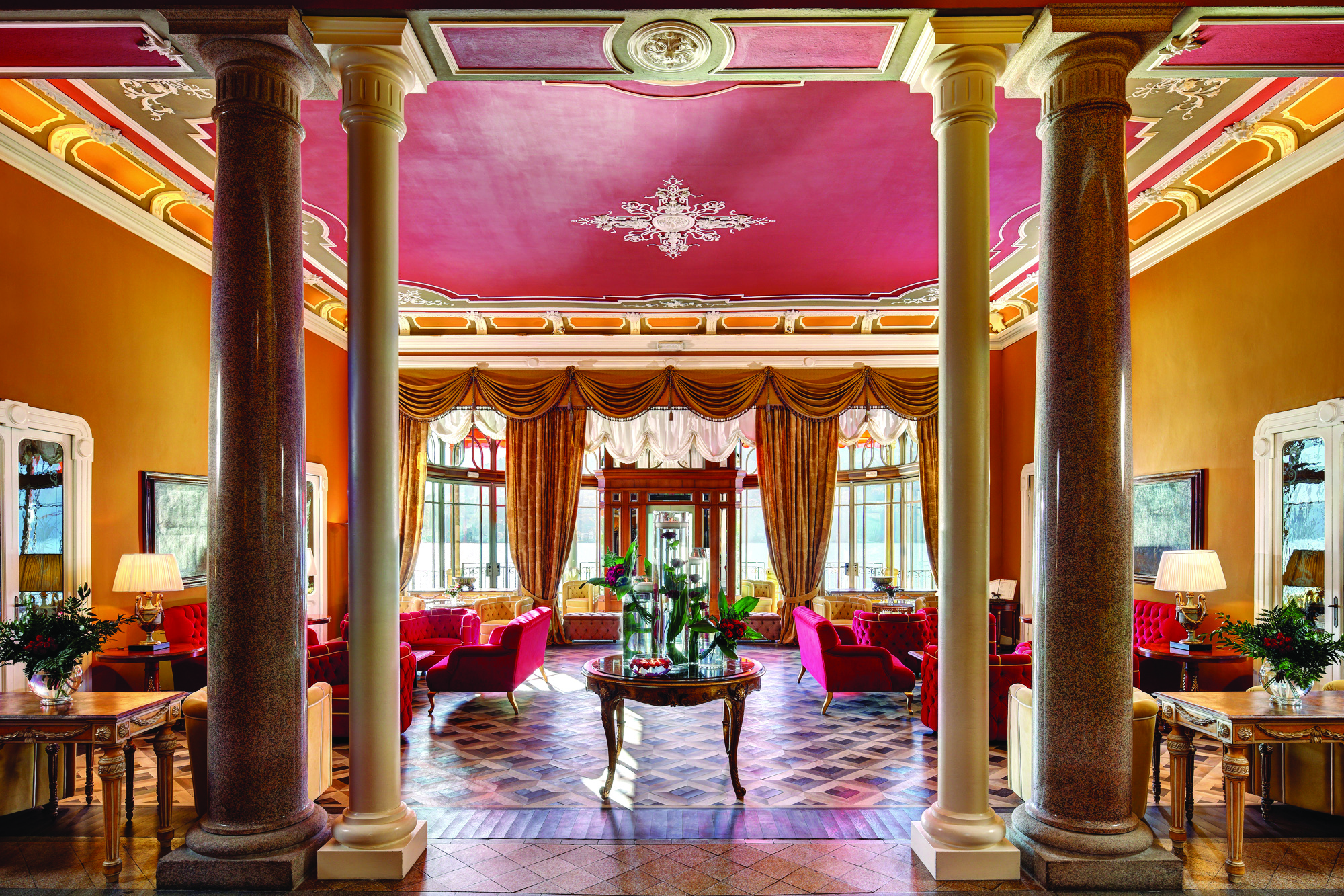 Grand Hotel Tremezzo Lake Como lobby marble columns elegant décor sofas