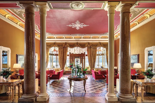 Grand Hotel Tremezzo Lake Como lobby marble columns elegant décor sofas